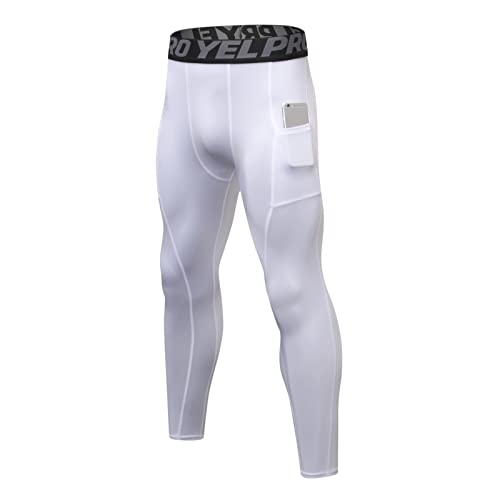 Leggings Hombre Pantalones Deportivos de Compresión Secado Rápido Mallas Largas con Bolsillos para Running Fitness Yoga Blanco XL