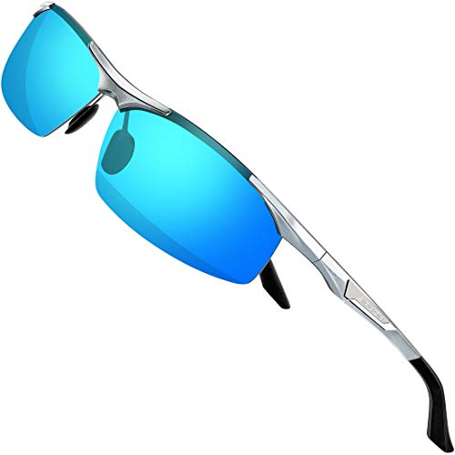 SIPLION Gafas de Sol Polarizadas Hombre para Conducir Deportes ultraligero marco de metal irrompible 100% UV400-8729 Plateado+Azul CAT 3 CE