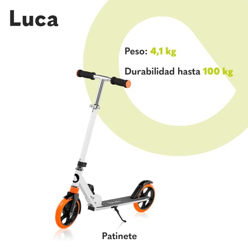 LIONELO Luca Patinete Urbano XXL hasta 100 kg, Scooter para niños, Grandes Ruedas 200 mm ShockResist Amortiguador, Volante Ajustable Altura, Freno Plegable (Blanco)
