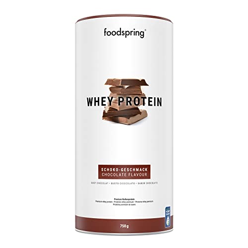 foodspring Whey Proteína Polvo Chocolate - 22g de proteína para construcción muscular, perfectamente soluble, leche de libre pastoreo, rica en BCAAs y EAAs - 750g