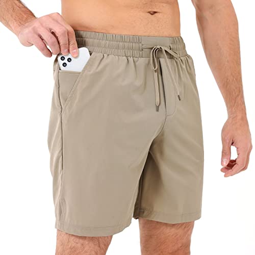 HMIYA Pantalones cortos deportivos para hombre, correr, fitness, correr, pantalones cortos de baño, secado rápido, con bolsillo con cremallera, caqui, XL