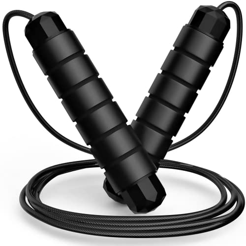 Beentop Comba Crossfit con Cuerda Ajustable y Rodamientos Negro - Comba 2.8M longitud para Adultos y Niños con Mango de Espuma Antideslizante - Cuerda Saltar de Acero con PVC.