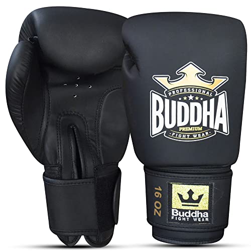 BUDDHA FIGHT WEAR - Guantes de Boxeo Thailand - Muay Thai - Kick Boxing - Piel Sintética Tejido Interior Resistente A Los Olores - Costura Reforzada - Color Negro Mate - Talla 14 Onz