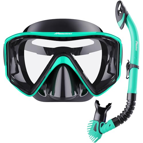 Malker Gafas de Buceo para Adultos Mascara Snorkel Dry Top Snorkel Antivaho Panorámico de 180° Mascara Snorkel con Bolsa de Red para Adultos Verde Agua