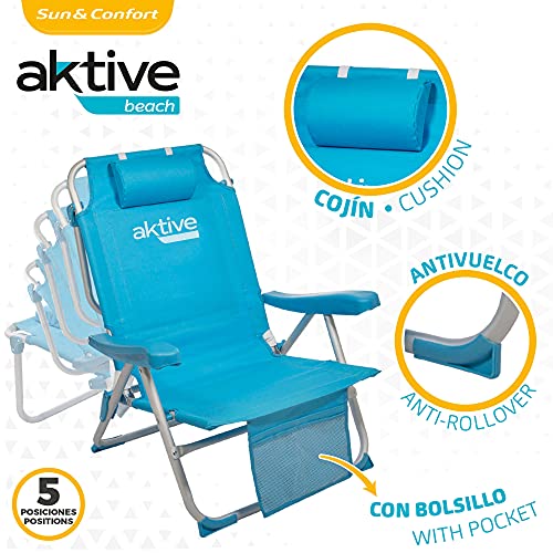AKTIVE 53983 - Silla plegable de playa 49 x 58 x 80 cm, con cojín, tipo mochila, respaldo reclinable, con dos bolsillos, color azul pastel