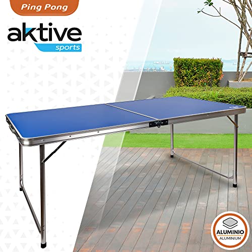 Aktive 52873- Mesa plegable ping pong, con set raquetas y pelotas, mesa plegable aluminio, para exterior, 160x80x70 cm, color azul
