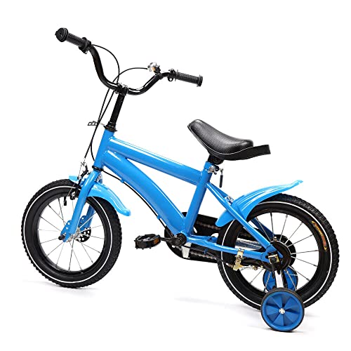 Fetcoi Bicicleta para niños, 14 pulgadas, amarilla, para niñas, niños, frenos de contrapedal, con ruedas estabilizadoras para niñas y niños de 3 a 8 años y más (azul)