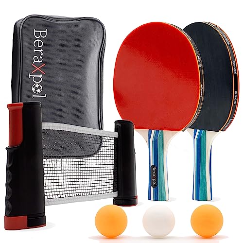 BERAXPOL Juego Palas Premium Ping Pong portátil Todo en uno Tenis de Mesa con Red retráctil de Ping-Pong Extensible 185 cm | Pelotas de 3 Estrellas | Funda de Transporte, Diversión Familiar | Regalo