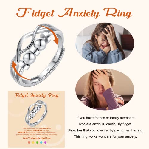 BMMYE Anillo de ansiedad para mi hija, anillo antiestrés de plata esterlina para mujeres ansiosas con cuentas de preocupación, anillo giratorio ajustable de estrés abierto para niña